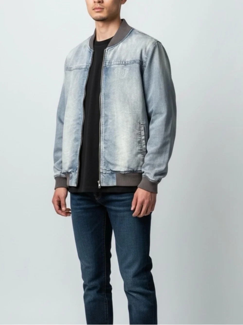 True Religion Men's Full Zip Light Blue Denim Bomber Jacket Ribbed Trim Size M